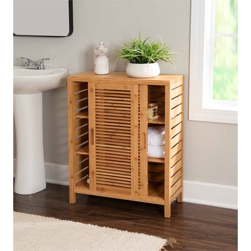 Riverbay Furniture 2-Door & 3-Shelf Bamboo Floor Cabinet in Natural Brown