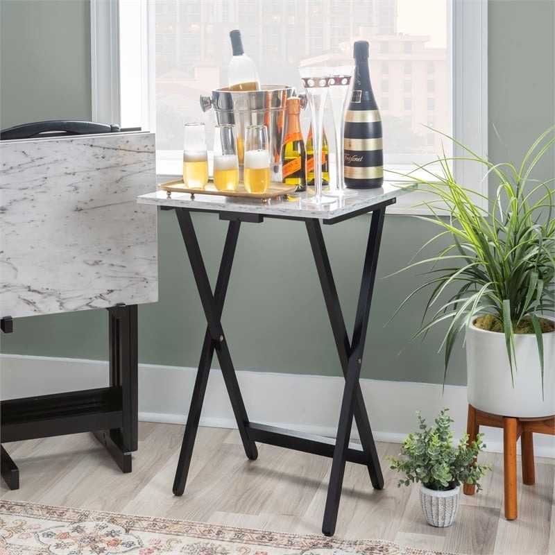 Riverbay Furniture 5-Piece Marble Folding Tray Table Set w/ Stand in White/Black