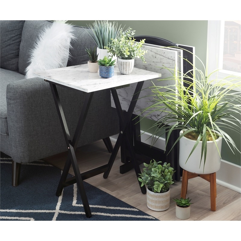 Riverbay Furniture 5-Piece Marble Folding Tray Table Set w/ Stand in White/Black