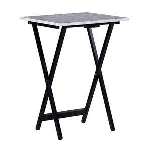 Riverbay Furniture 5-Piece Marble Folding Tray Table Set w/ Stand in White/Black