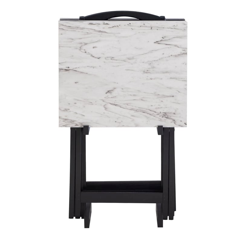 Riverbay Furniture 5-Piece Marble Folding Tray Table Set w/ Stand in White/Black