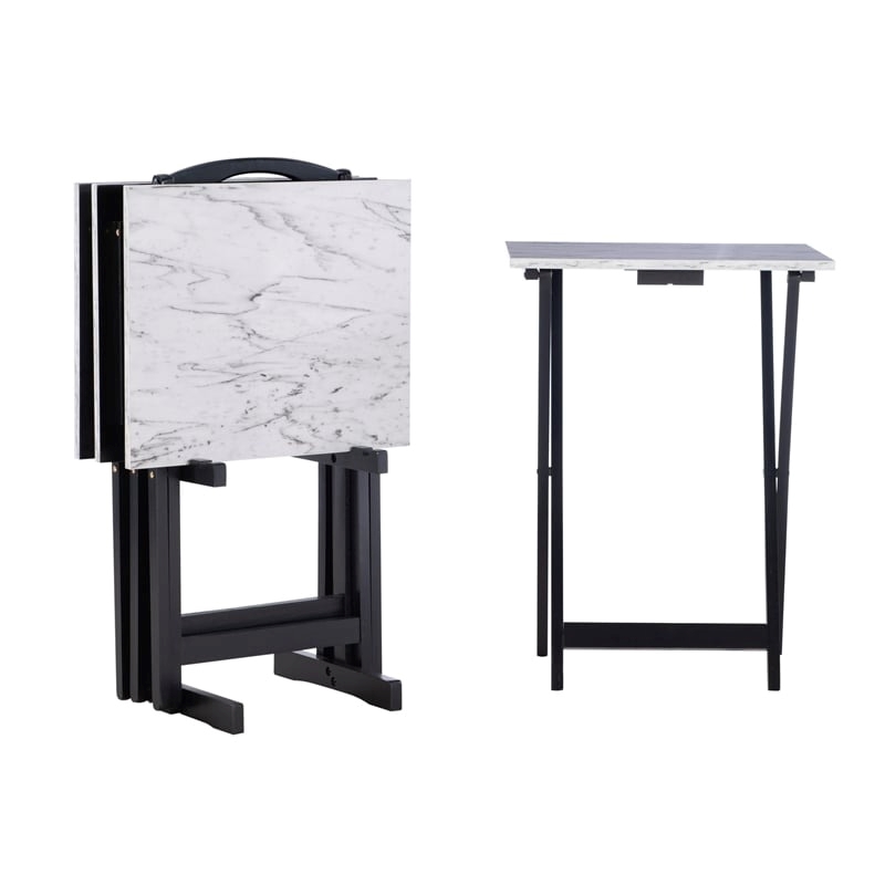 Riverbay Furniture 5-Piece Marble Folding Tray Table Set w/ Stand in White/Black