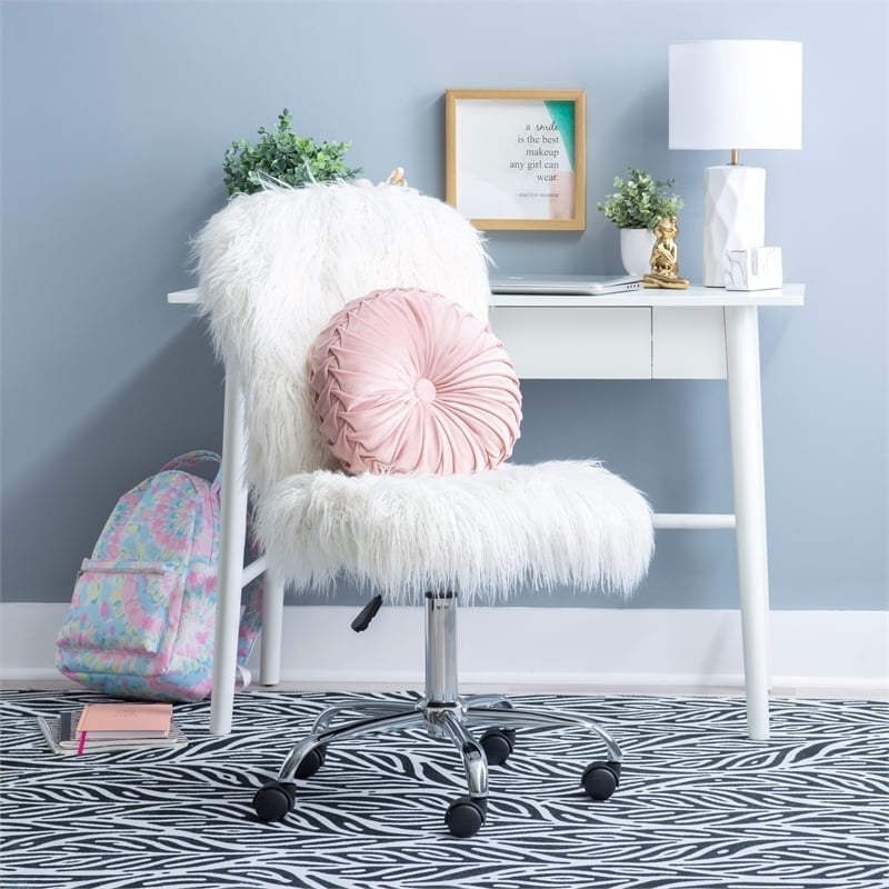 Riverbay Furniture Transitional Faux Fur Fabric Swivel Office Chair in White