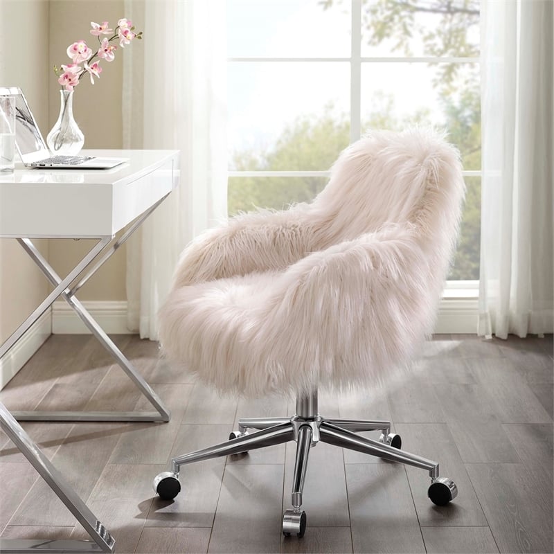 Riverbay Furniture Transitional Faux Fur Fabric Swivel Office Chair in Pink