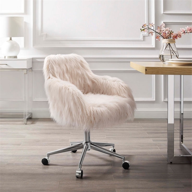 Riverbay Furniture Transitional Faux Fur Fabric Swivel Office Chair in Pink