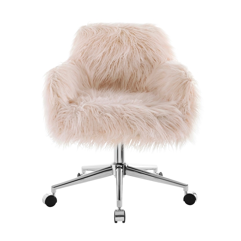 Riverbay Furniture Transitional Faux Fur Fabric Swivel Office Chair in Pink