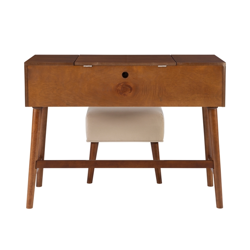 Riverbay Furniture Mid-Century Wood/Fabric Vanity Set in Walnut Brown/Beige