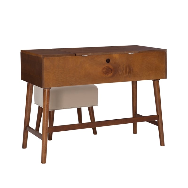 Riverbay Furniture Mid-Century Wood/Fabric Vanity Set in Walnut Brown/Beige