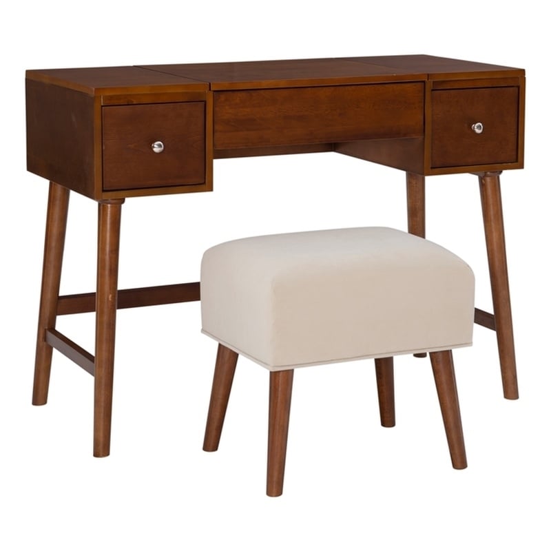 Riverbay Furniture Mid-Century Wood/Fabric Vanity Set in Walnut Brown/Beige