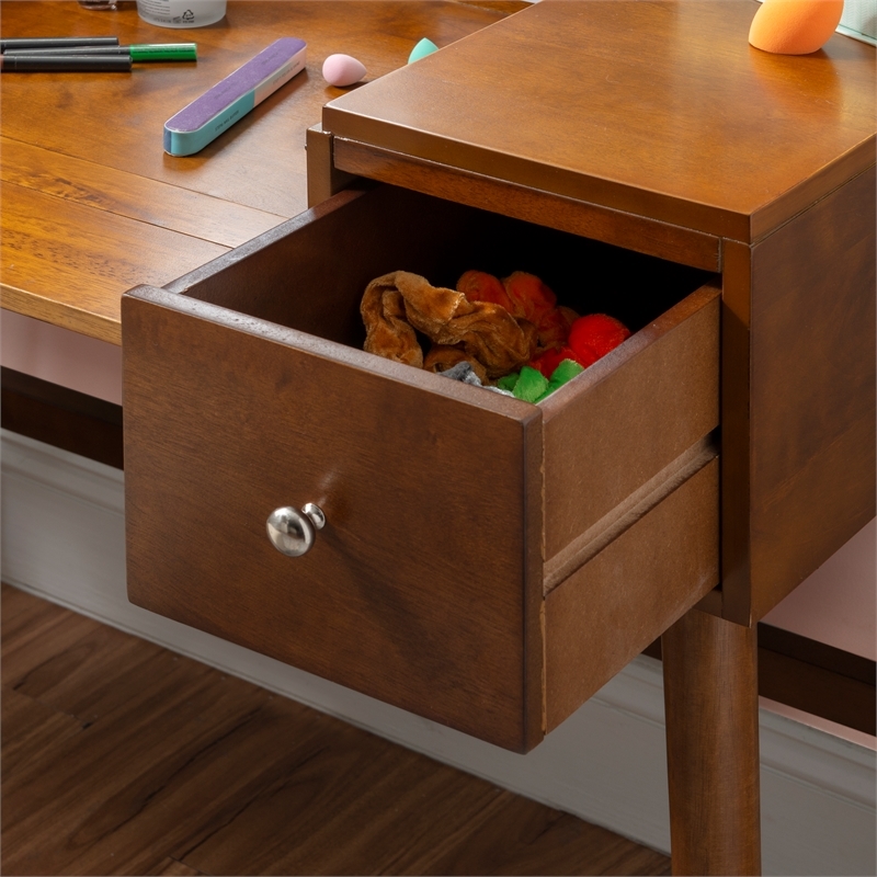 Riverbay Furniture Mid-Century Wood/Fabric Vanity Set in Walnut Brown/Beige