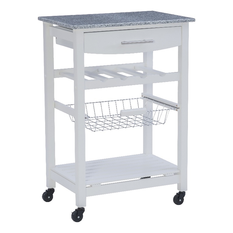 Riverbay Furniture Pine Wood White Kitchen Island Rectangular Food-Safe Granite Top Locking Casters