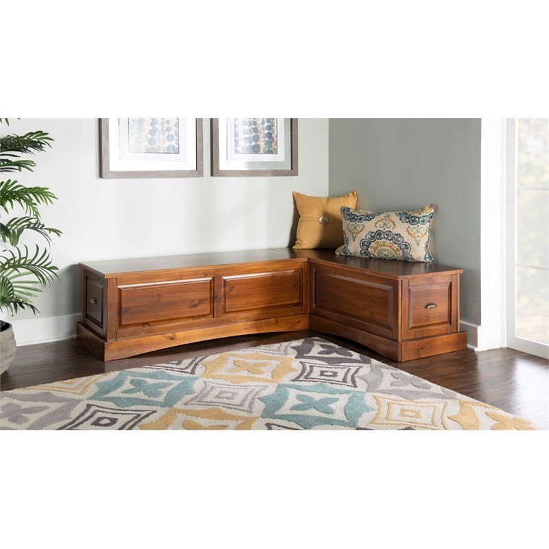 Riverbay Furniture Wood Backless Corner Table Booth & Bench Dining Set in Brown