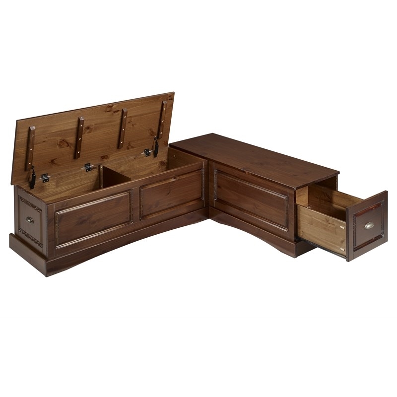 Riverbay Furniture Wood Backless Corner Table Booth & Bench Dining Set in Brown