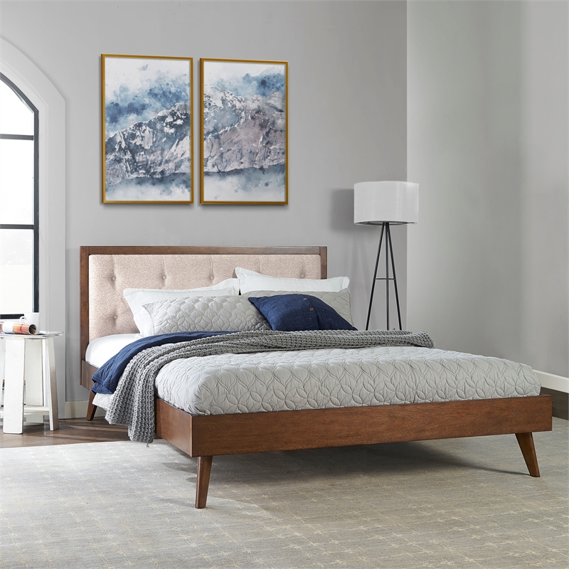 Riverbay Furniture Bristol Tufted Fabric & Wood Platform Queen Bed in Brown