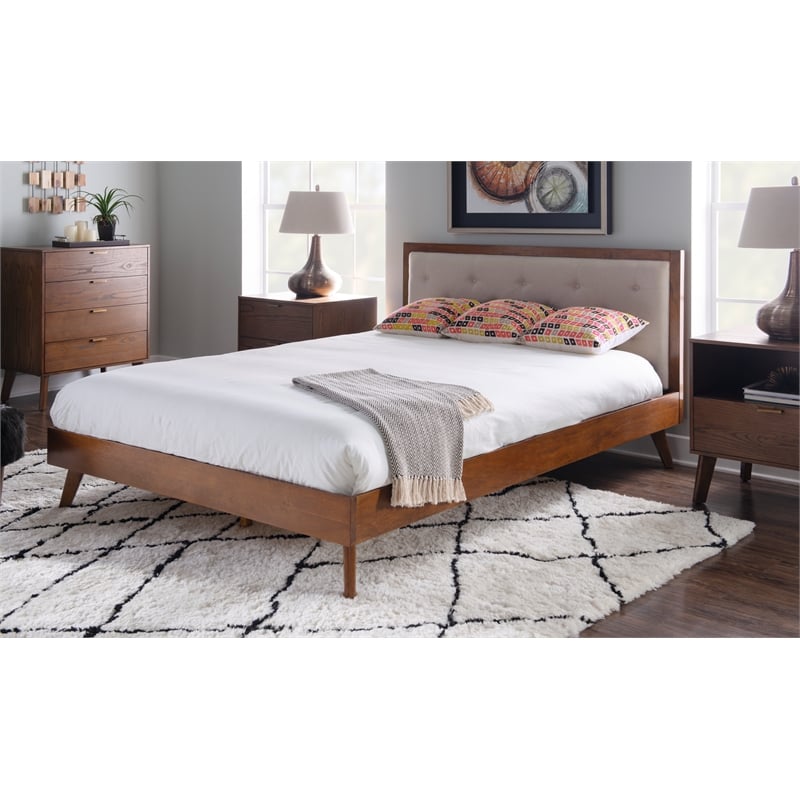 Riverbay Furniture Bristol Tufted Fabric & Wood Platform Queen Bed in Brown