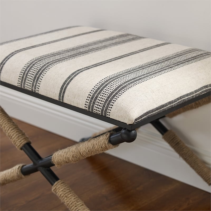 Riverbay Furniture Metal Black Accent Stool Rectangular Rope Detail 17.5