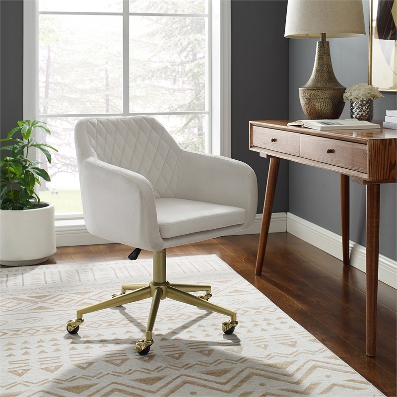 Riverbay Furniture Fabric & Metal Office Chair with Wheels in Off White/Gold