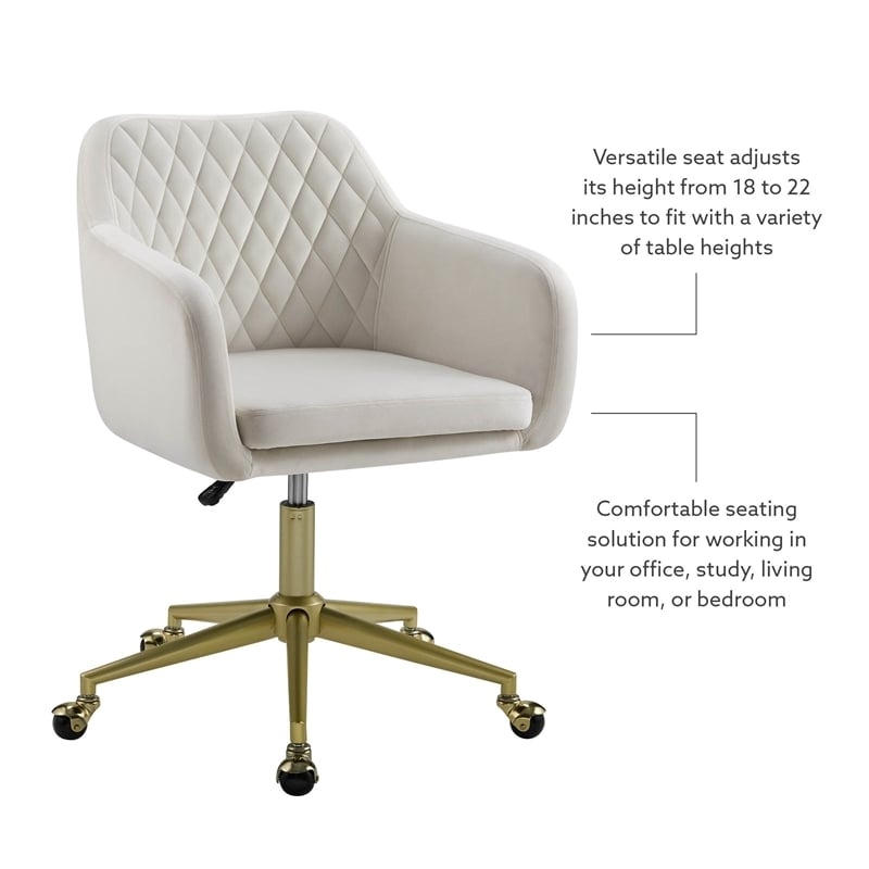 Riverbay Furniture Fabric & Metal Office Chair with Wheels in Off White/Gold