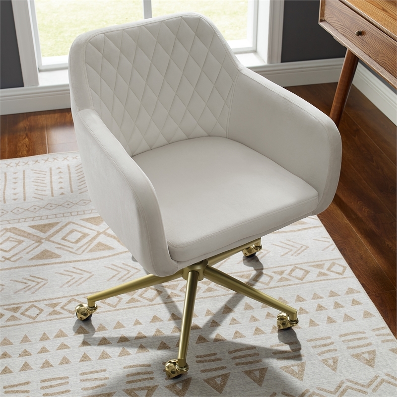 Riverbay Furniture Fabric & Metal Office Chair with Wheels in Off White/Gold