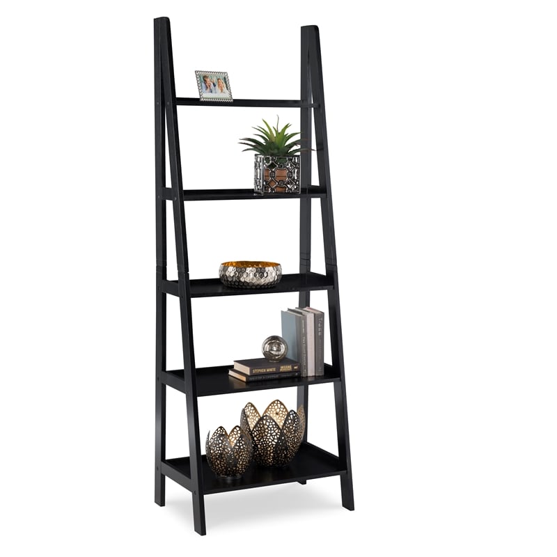 Riverbay Furniture 5-Shelf Transitional Wood Open Back Ladder Bookshelf in Black