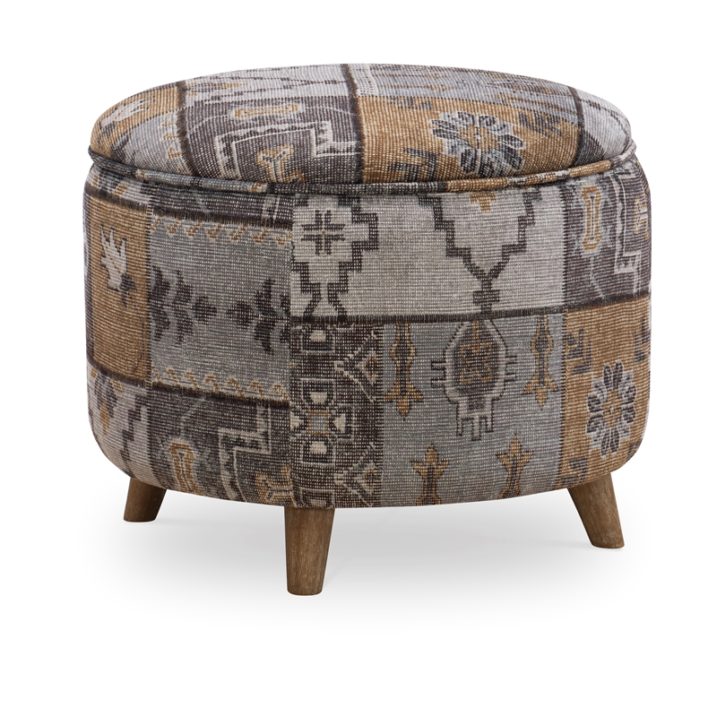 Riverbay Furniture Round Multi Patterned Wood Upholstered Ottoman in Gray | Cymax Business