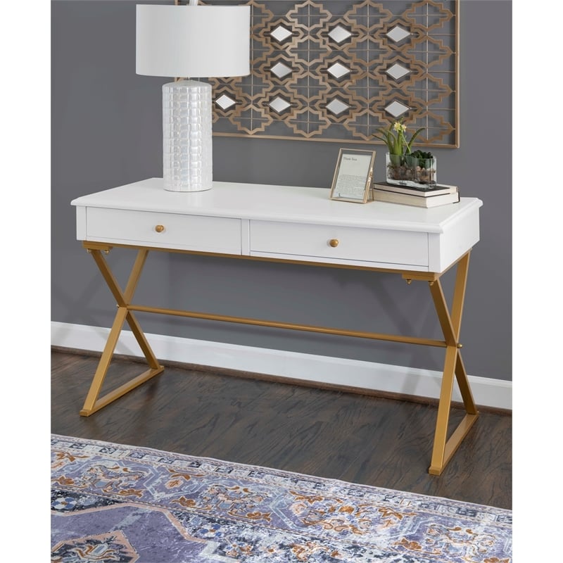 Riverbay Furniture Modern 2-Drawer Wood/Metal Desk in White/Gold