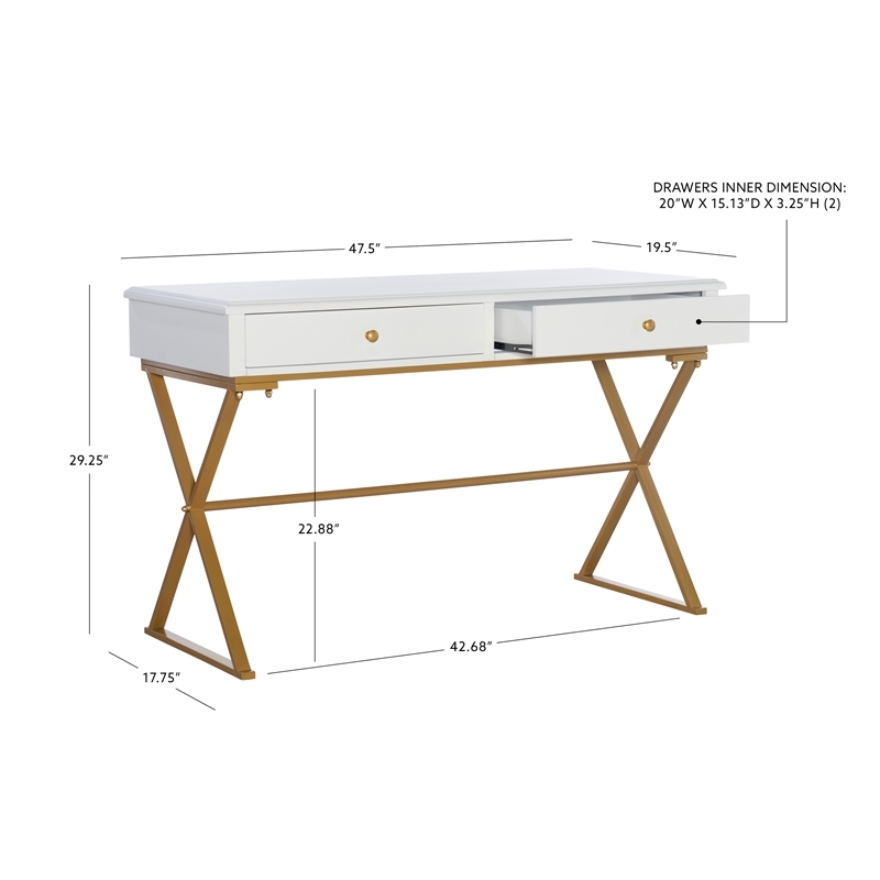 Riverbay Furniture Modern 2-Drawer Wood/Metal Desk in White/Gold