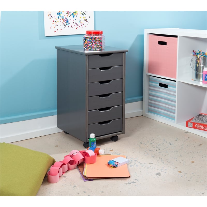 Riverbay Furniture Six Drawer Wood Rolling Storage Cart in Gray