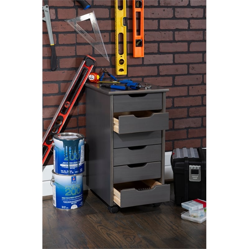 Riverbay Furniture Six Drawer Wood Rolling Storage Cart in Gray