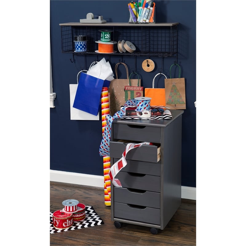 Riverbay Furniture Six Drawer Wood Rolling Storage Cart in Gray