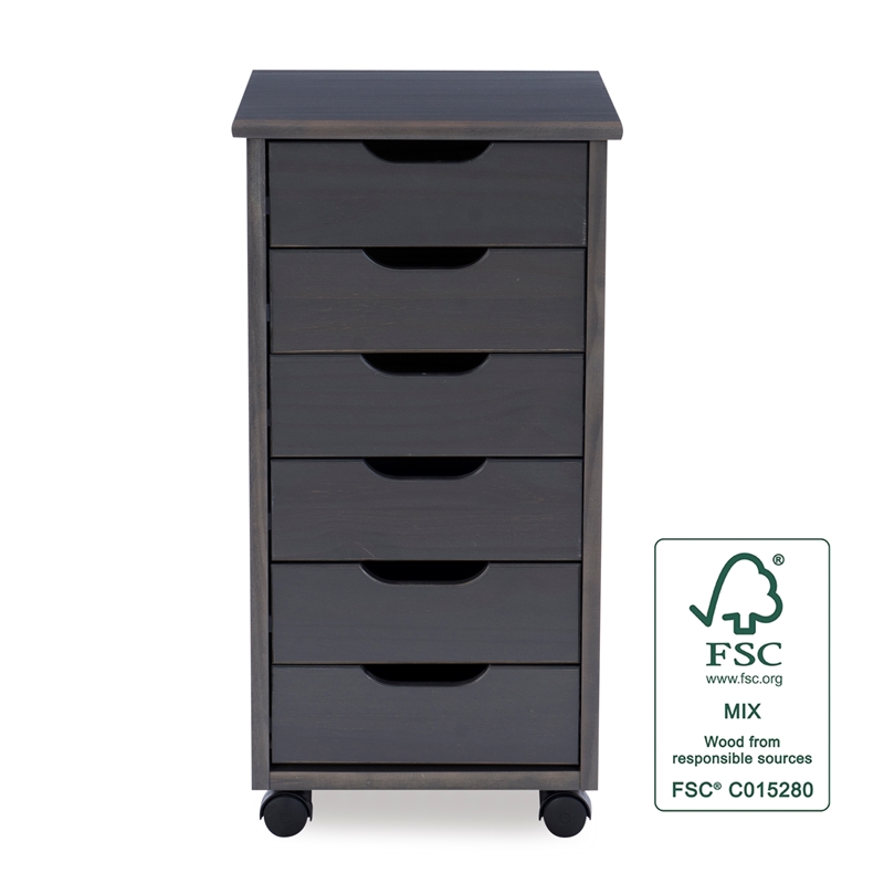 Riverbay Furniture Six Drawer Wood Rolling Storage Cart in Gray