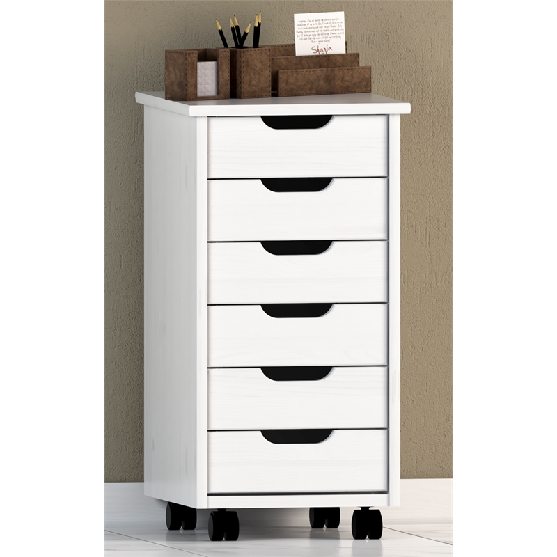 Riverbay Furniture Six Drawer Wood Rolling Storage Cart in White Wash