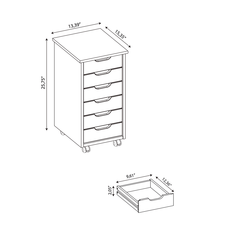 Riverbay Furniture Six Drawer Wood Rolling Storage Cart in White Wash