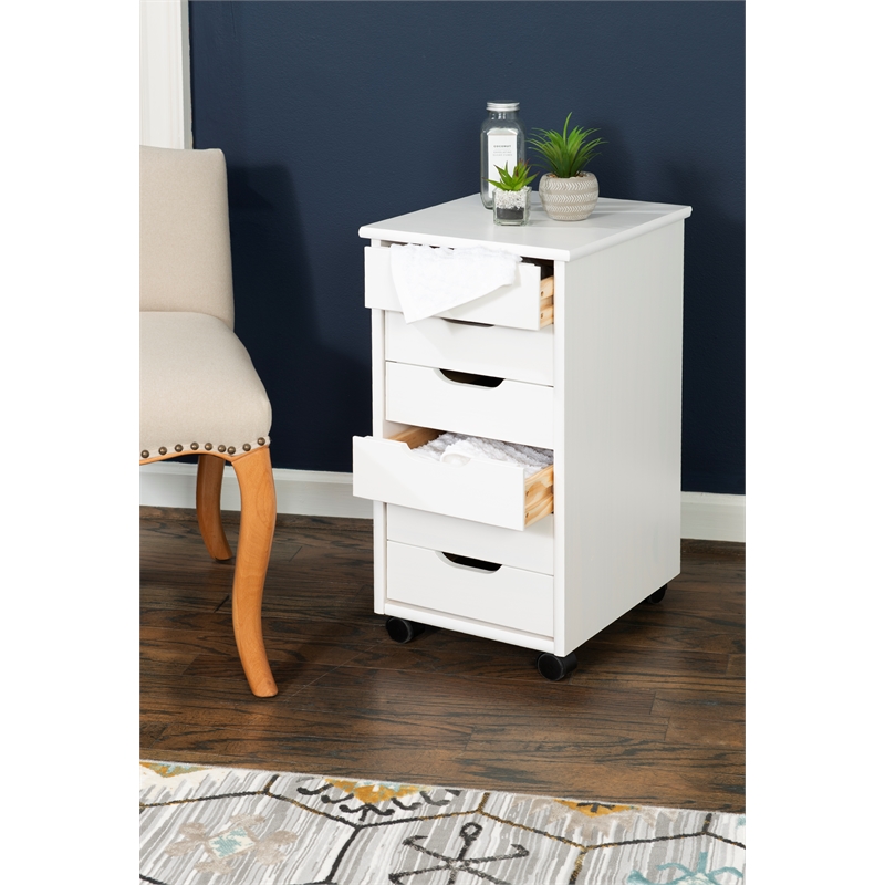 Riverbay Furniture Six Drawer Wood Rolling Storage Cart in White Wash