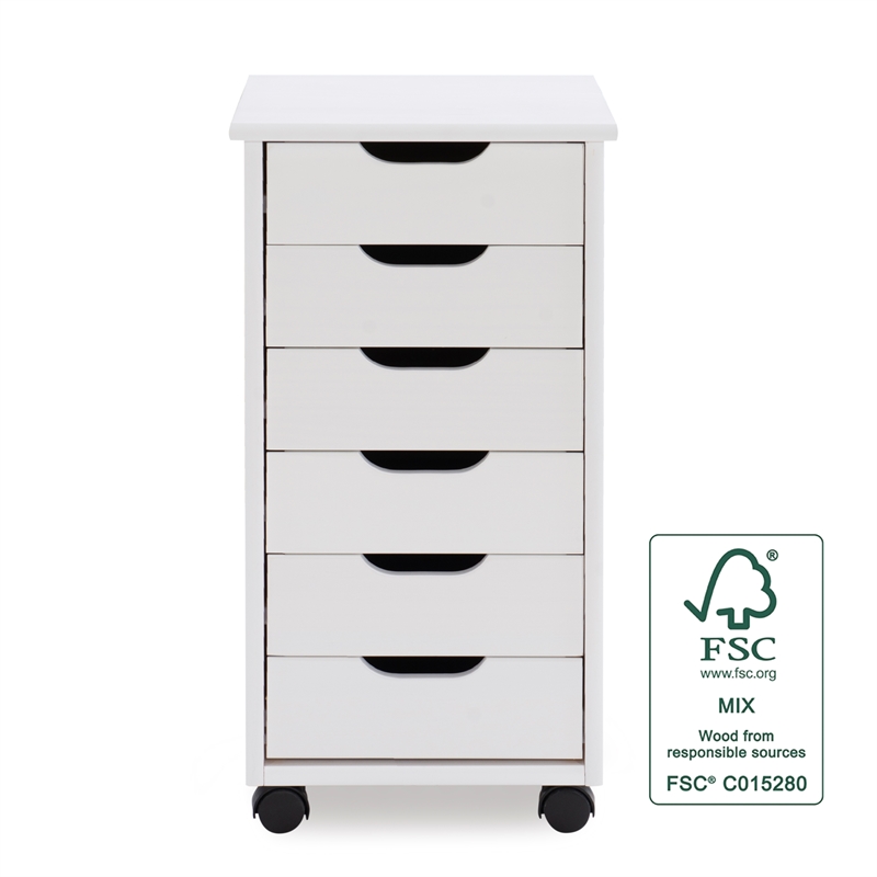 Riverbay Furniture Six Drawer Wood Rolling Storage Cart in White Wash