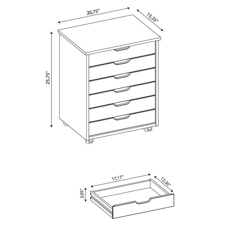 Riverbay Furniture Six Drawer Wide Wood Rolling Cart in Natural