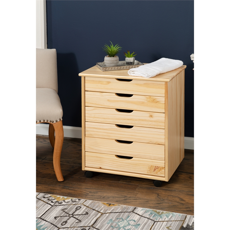 Riverbay Furniture Six Drawer Wide Wood Rolling Cart in Natural