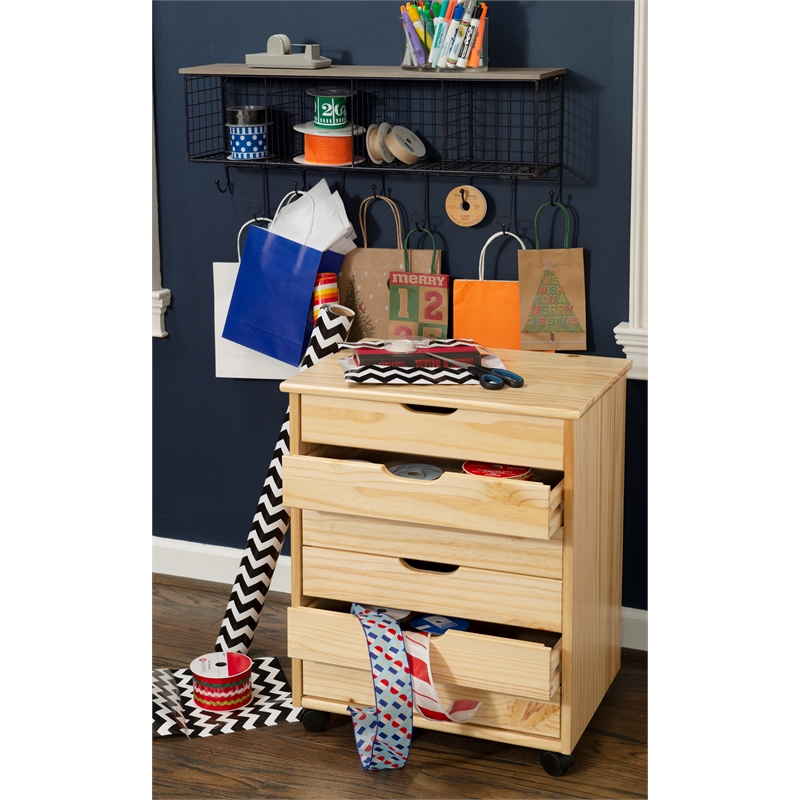 Riverbay Furniture Six Drawer Wide Wood Rolling Cart in Natural