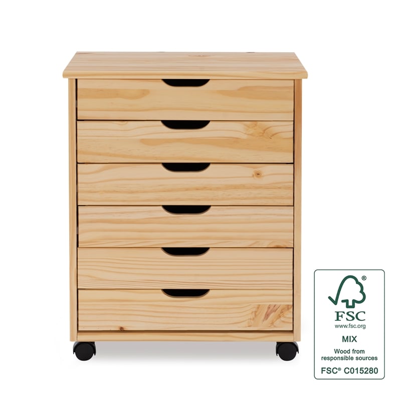 Riverbay Furniture Six Drawer Wide Wood Rolling Cart in Natural