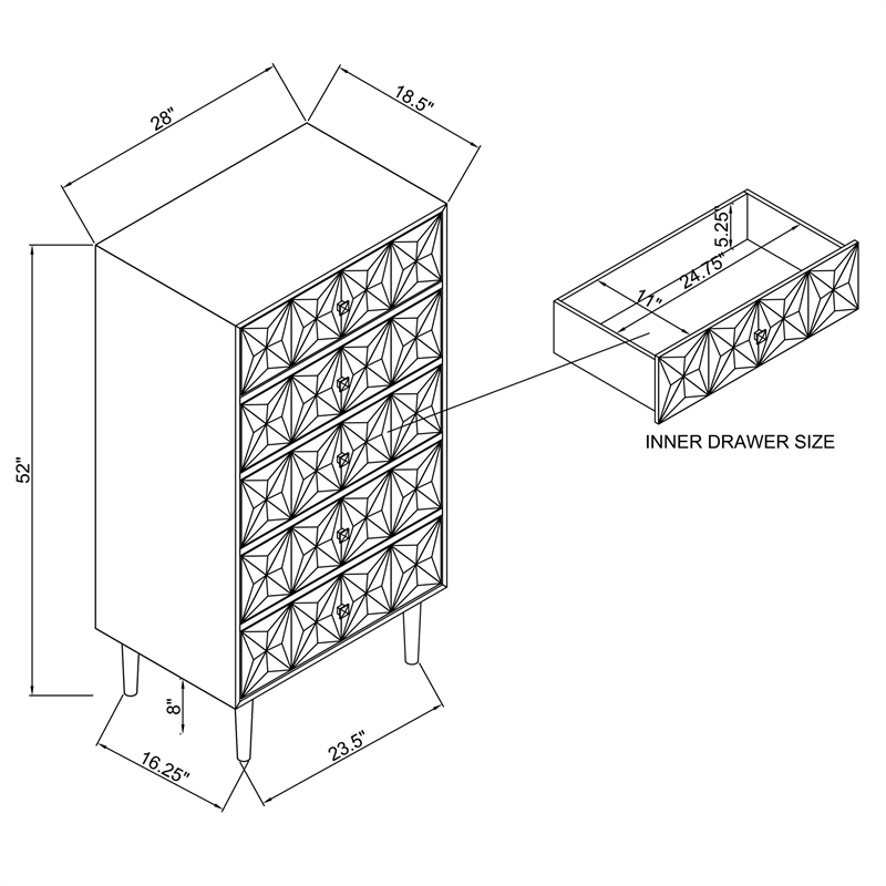 Riverbay Furniture Modern 5-Drawer Wood Geo Texture Chest in Gray