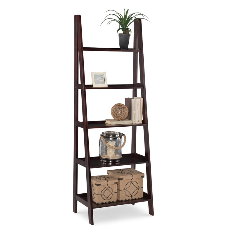 Riverbay Furniture 5 Shelf Wood Ladder Bookshelf Bookcase in Espresso