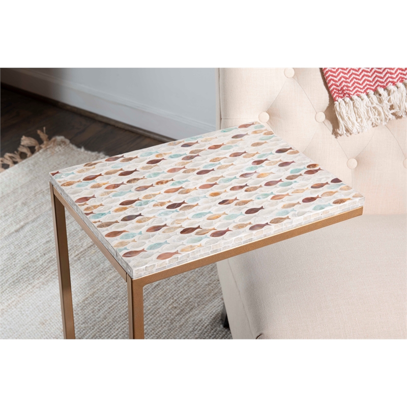 Riverbay Furniture Capiz Fish Mosaic Metal Accent C Table in Gold