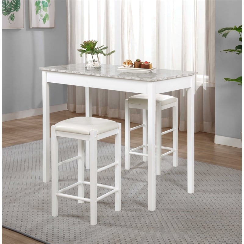 Riverbay Furniture Three Piece Wood Faux Marble Tavern Set in White