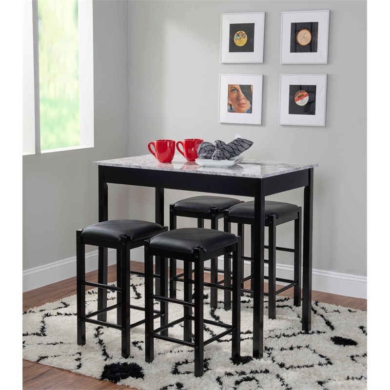 Riverbay Furniture Five Piece Wood Faux Marble Tavern Set in Black