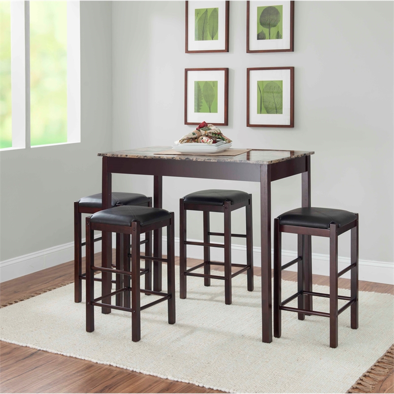 Riverbay Furniture Five Piece Wood Faux Marble Tavern Set in Espresso