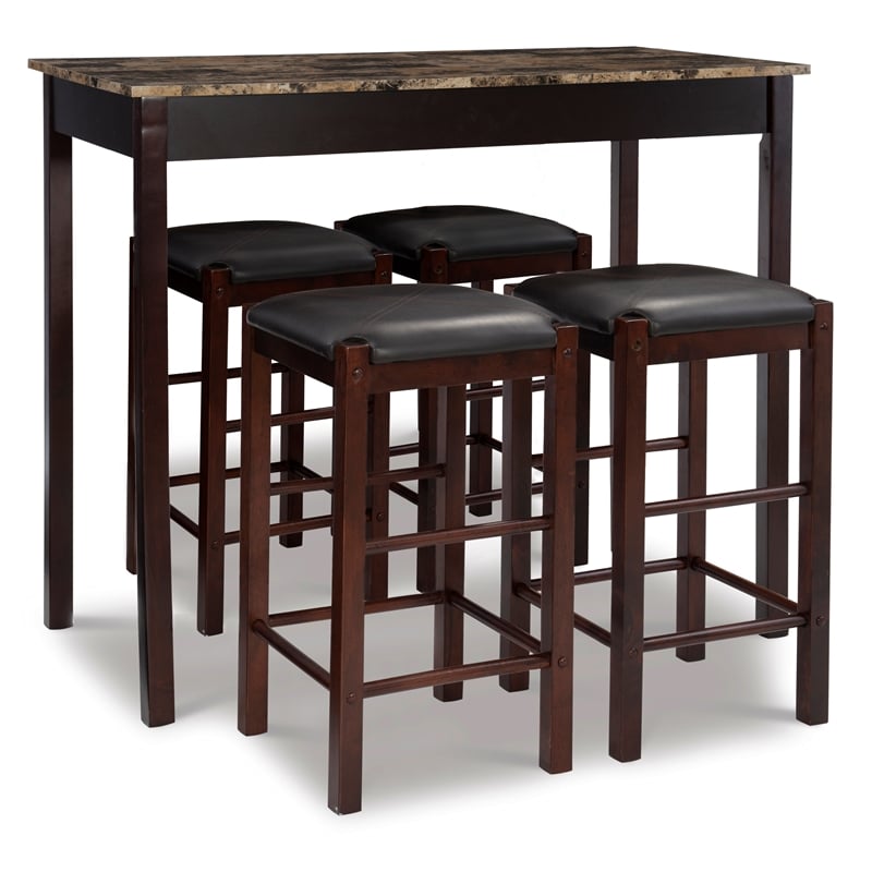 Riverbay Furniture Five Piece Wood Faux Marble Tavern Set in Espresso