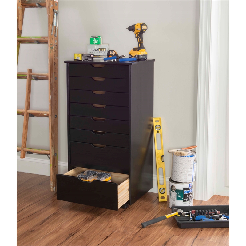 Riverbay Furniture 8-Drawer Transitional Wood Rolling Storage Cart in Black