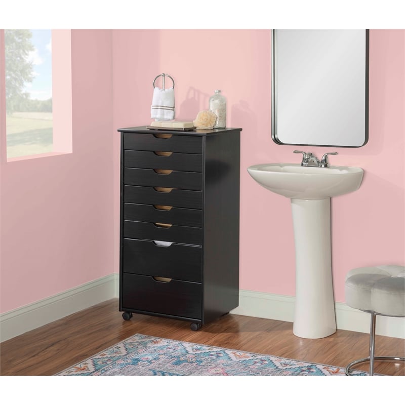 Riverbay Furniture 8-Drawer Transitional Wood Rolling Storage Cart in Black