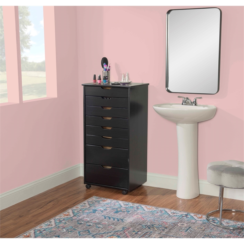 Riverbay Furniture 8-Drawer Transitional Wood Rolling Storage Cart in Black