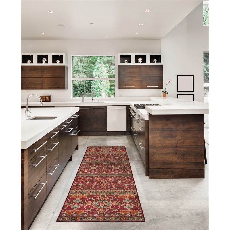 Riverbay Furniture Transitional Washable Polyester 2'x8' Rug in Garnet Red